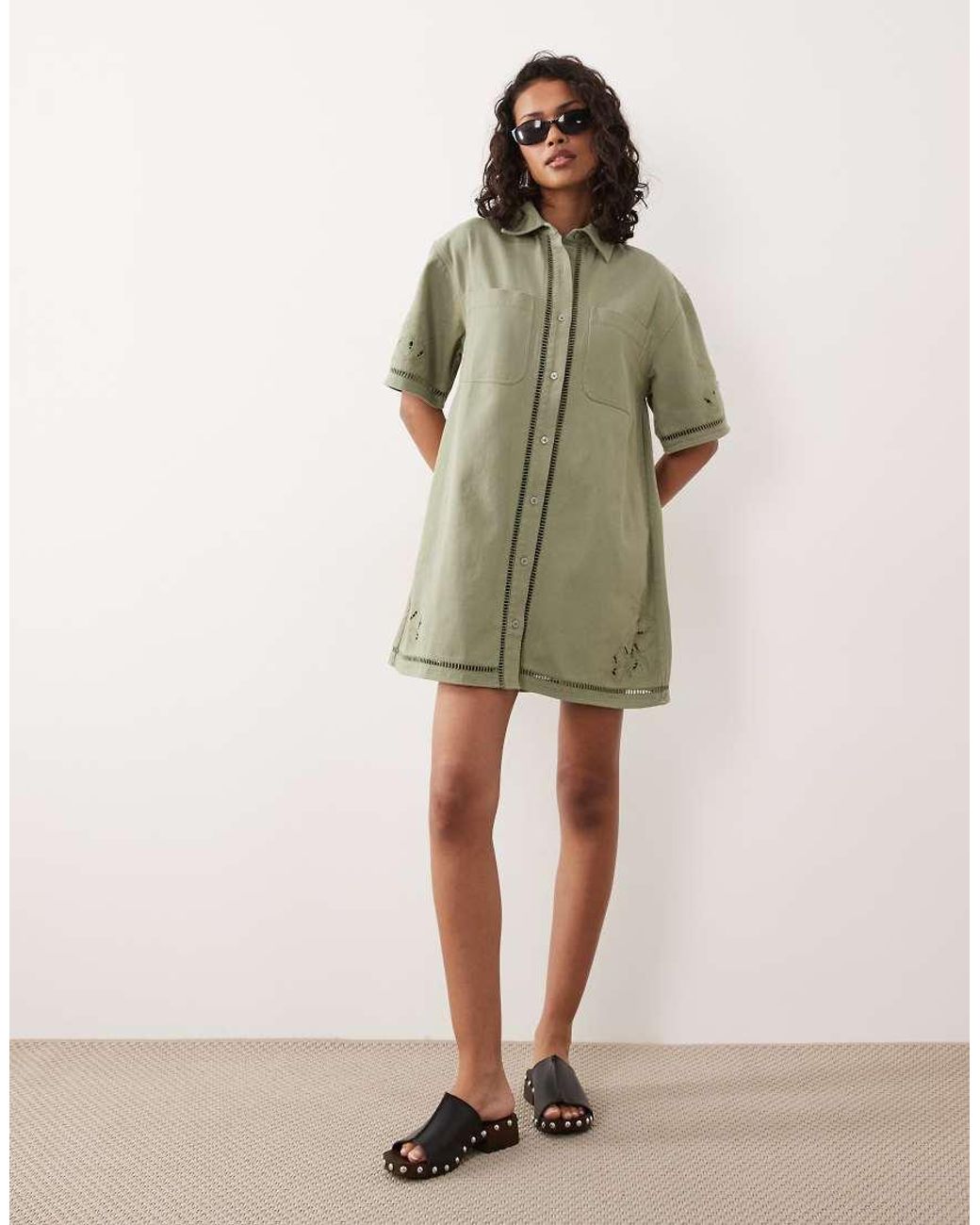 ASOS Green Denim Boxy Shirt Mini Dress With Ladder Trim Detail