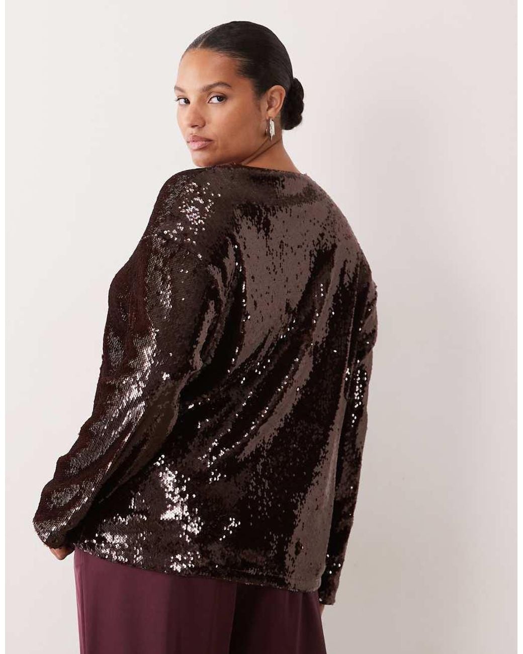 Pretty Lavish Curve Brown Sequin Shoulder Pad Detail Button Down Top