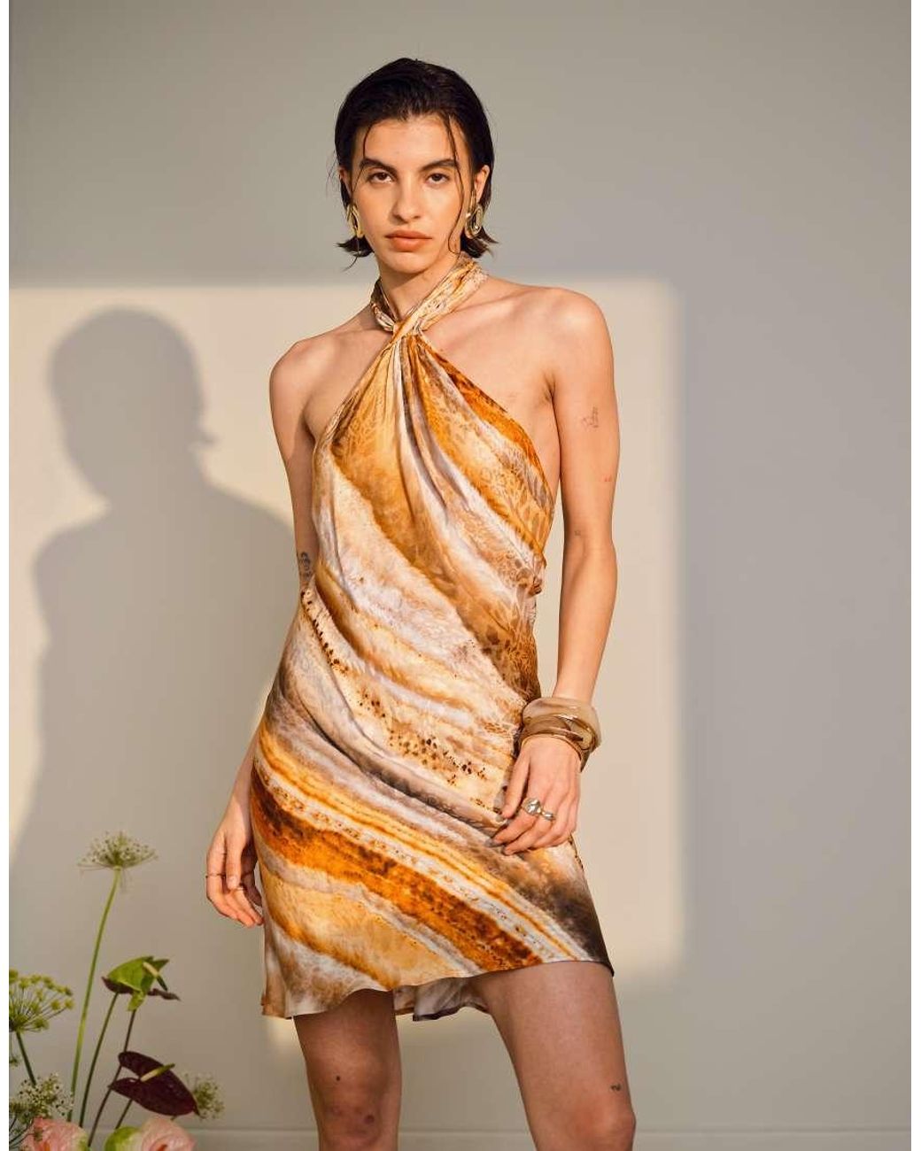TOPSHOP Natural Tie Neck Halter Mini Dress Satin