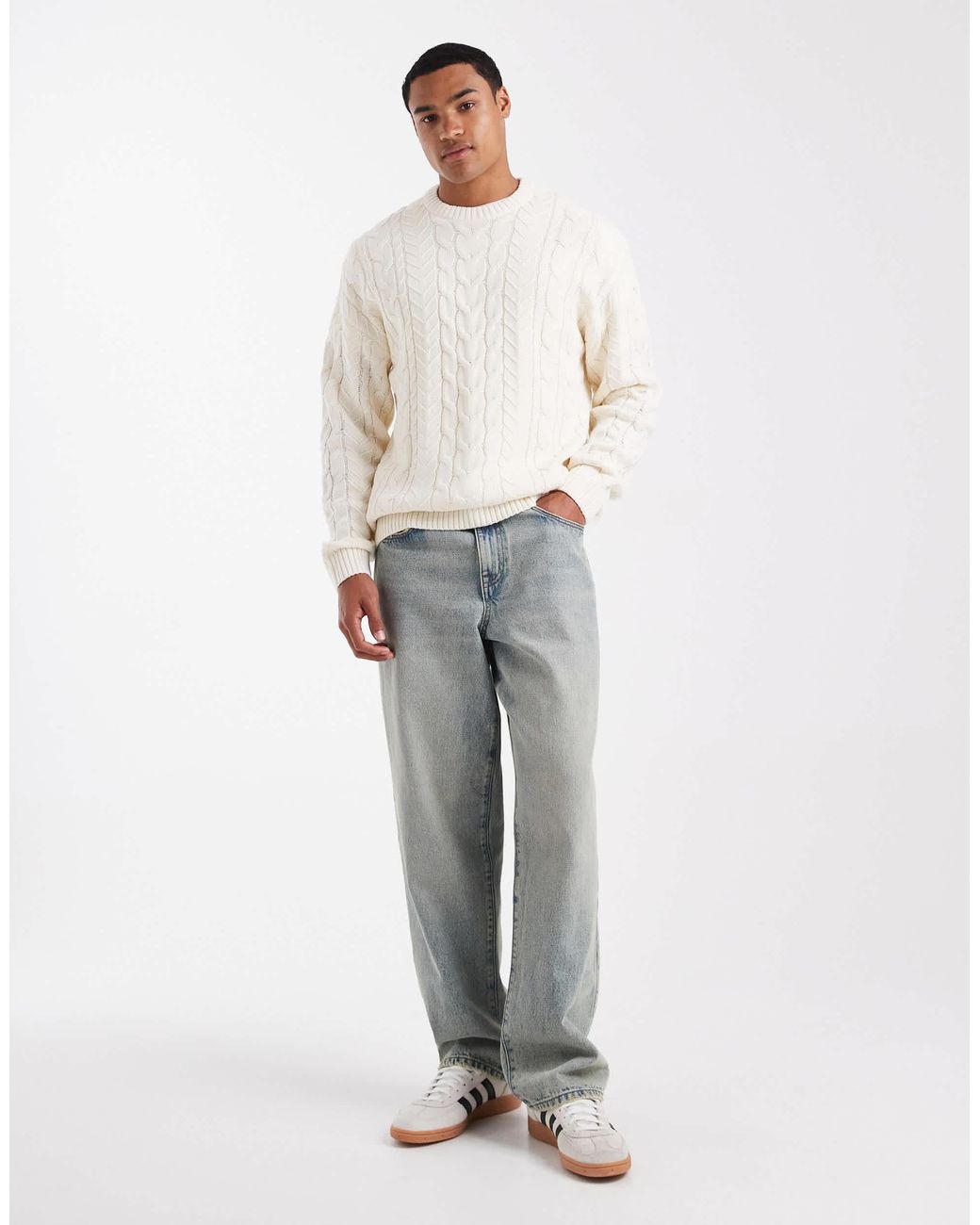 Only & Sons White Relaxed Cable Knit Jumper for men