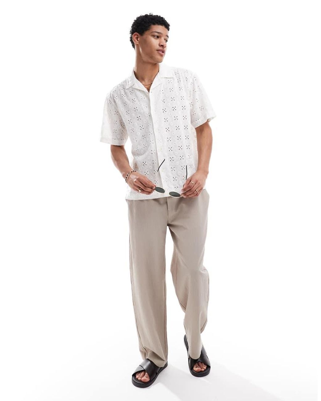 Only & Sons White Loose Fit Broidery Shirt for men