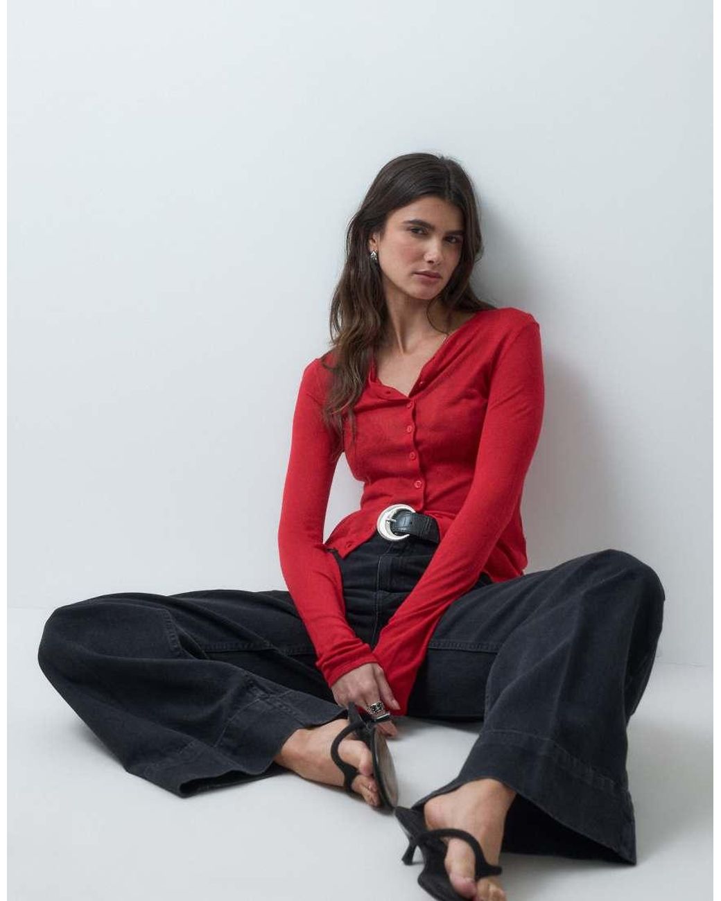 ASOS Red Wide Leg Jean With Crease Front And Belt
