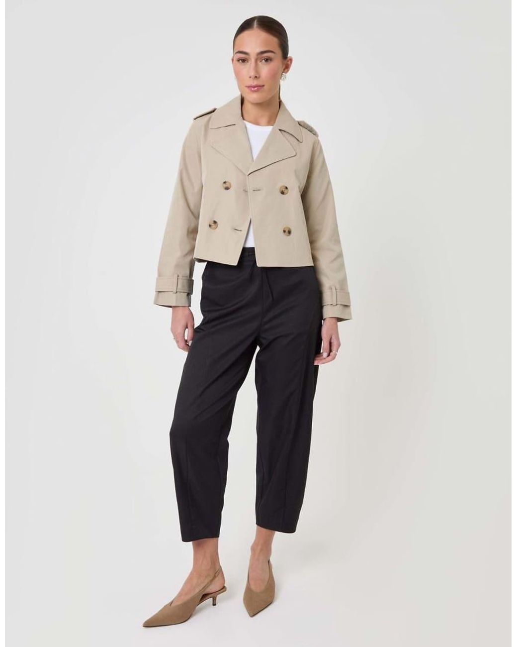 Threadbare Natural Petite Double Breasted Cropped Trench Coat