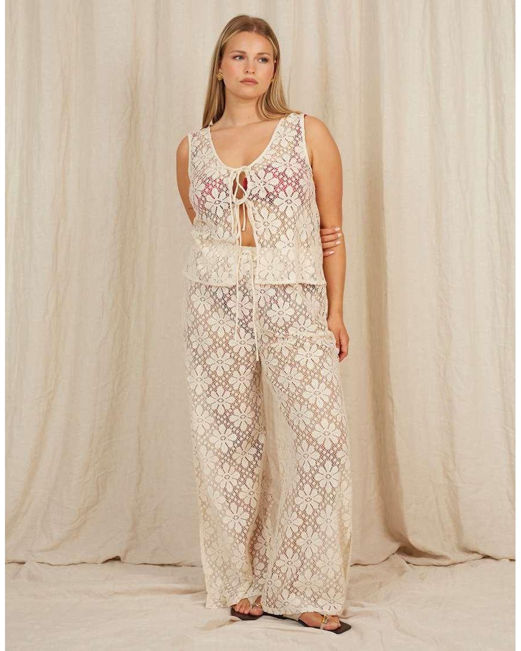 Going Somewhere Natural Floral Crochet Trousers