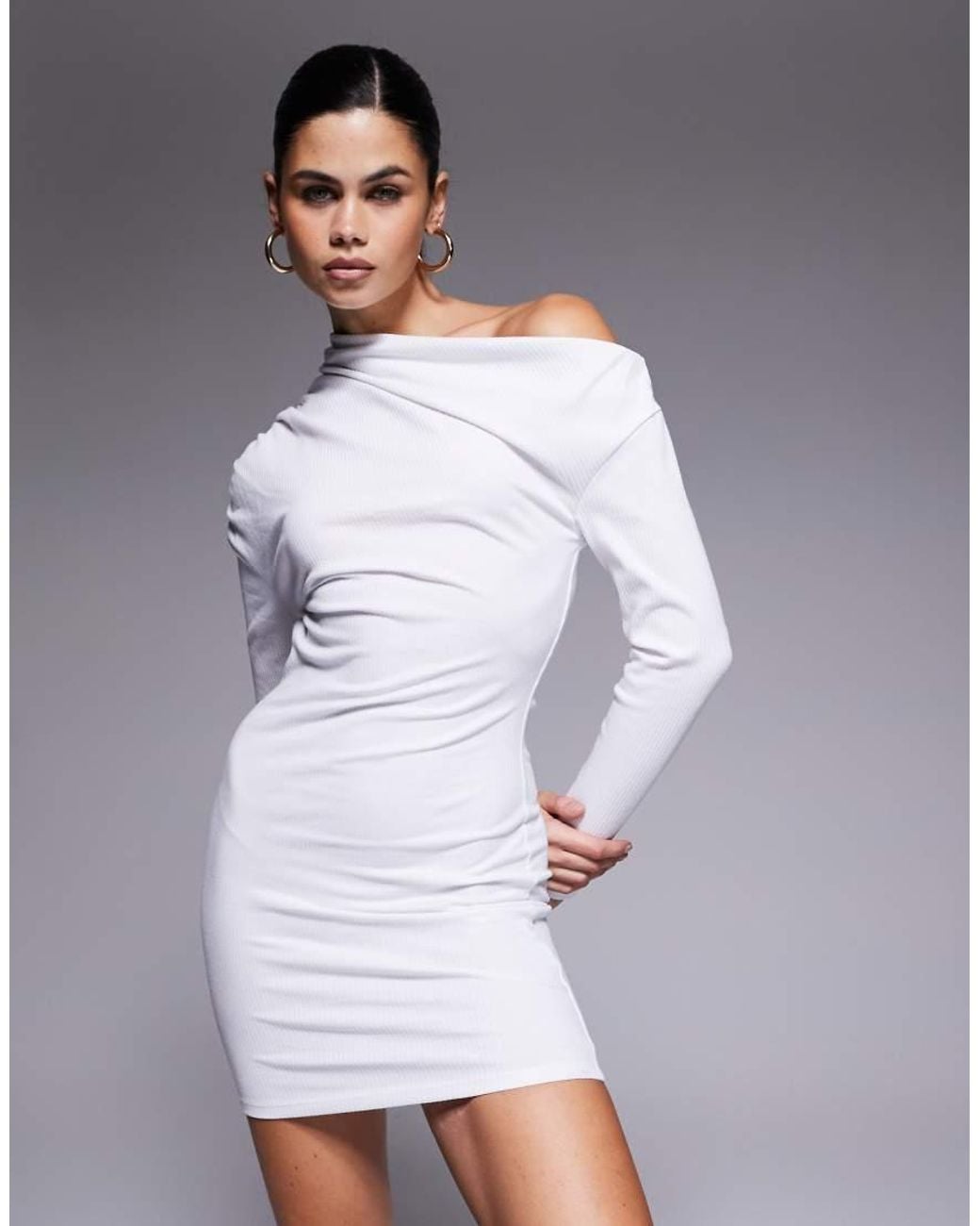 ASOS White Ribbed Asymmetric Neckline Fitted Mini Dress