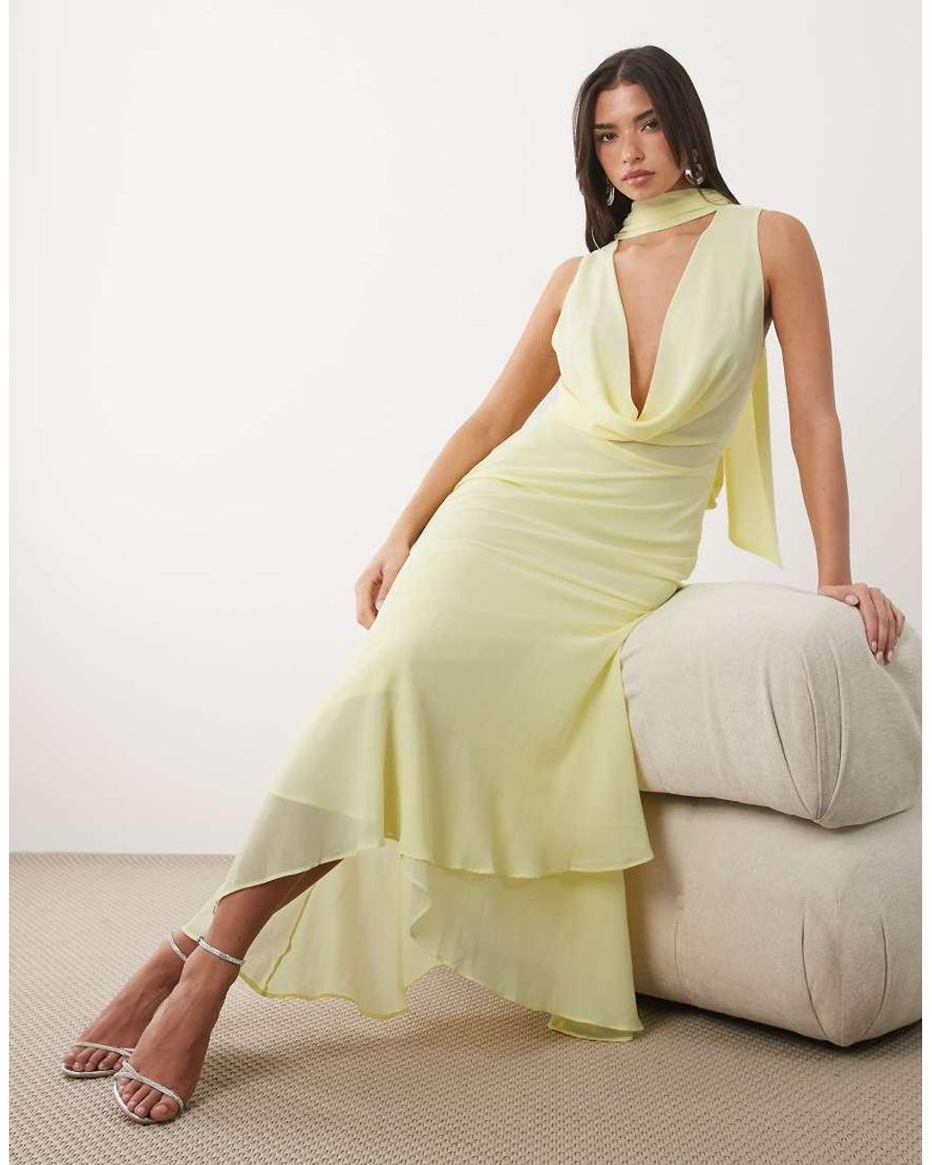 TFNC London Natural Bridesmaid Cowl Neck Chiffon Midi Dress With Neck Tie