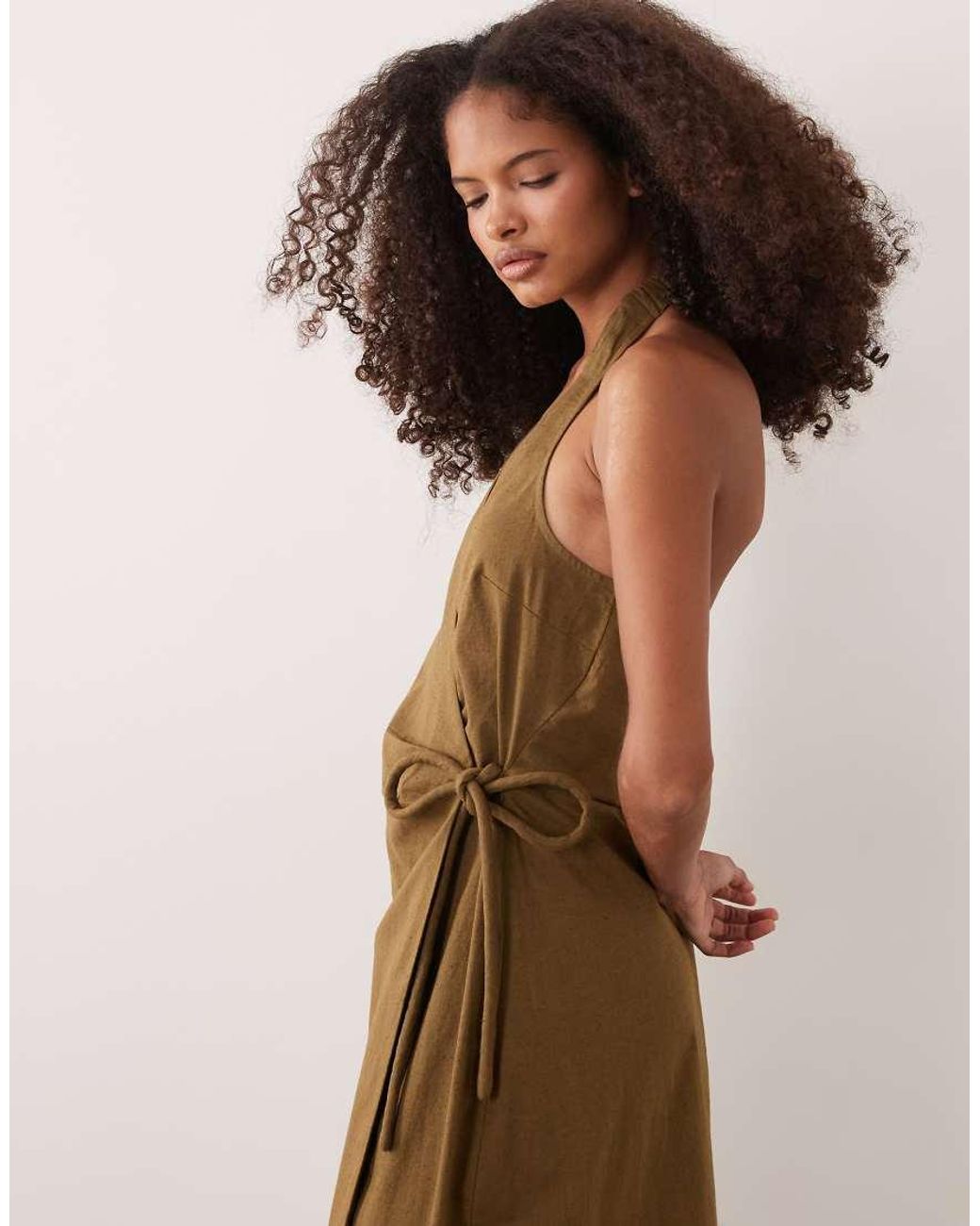ASOS Brown Cotton Linen Halter Neck Wrap Maxi Sundress