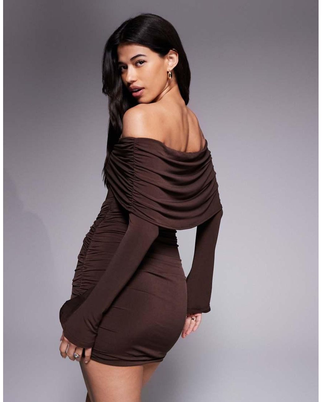 Ruched & Ready Gray Sculpted Off Shoulder Hardware Ruched Bodycon Mini Dress