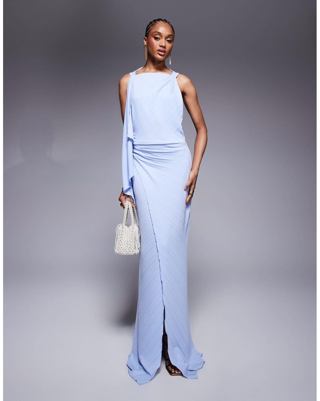 ASOS Asos Design Tall Pleated Slash Neck Maxi Dress With Knotted Back  Detail in Blue | Lyst