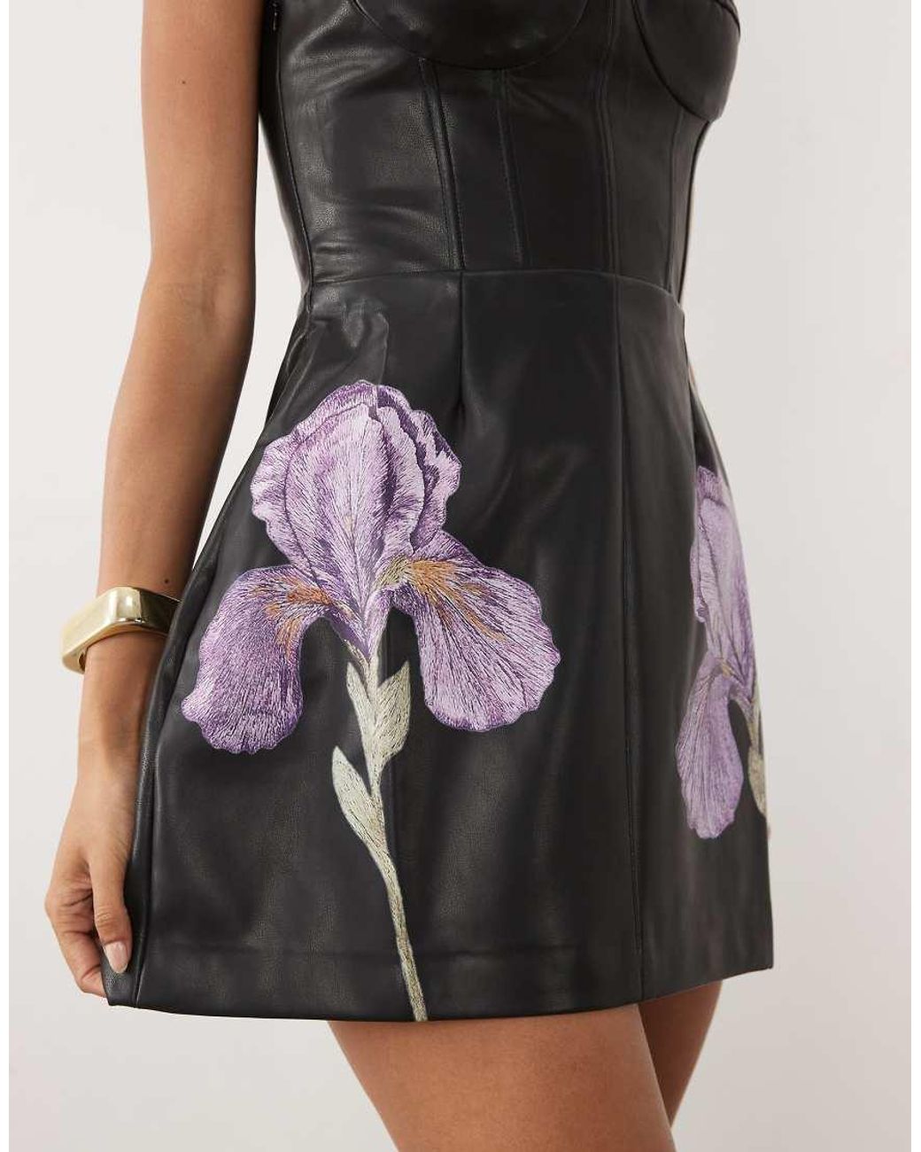 JW PEI Black Iris Faux Leather Corset Detail 3D Floral Mini Dress