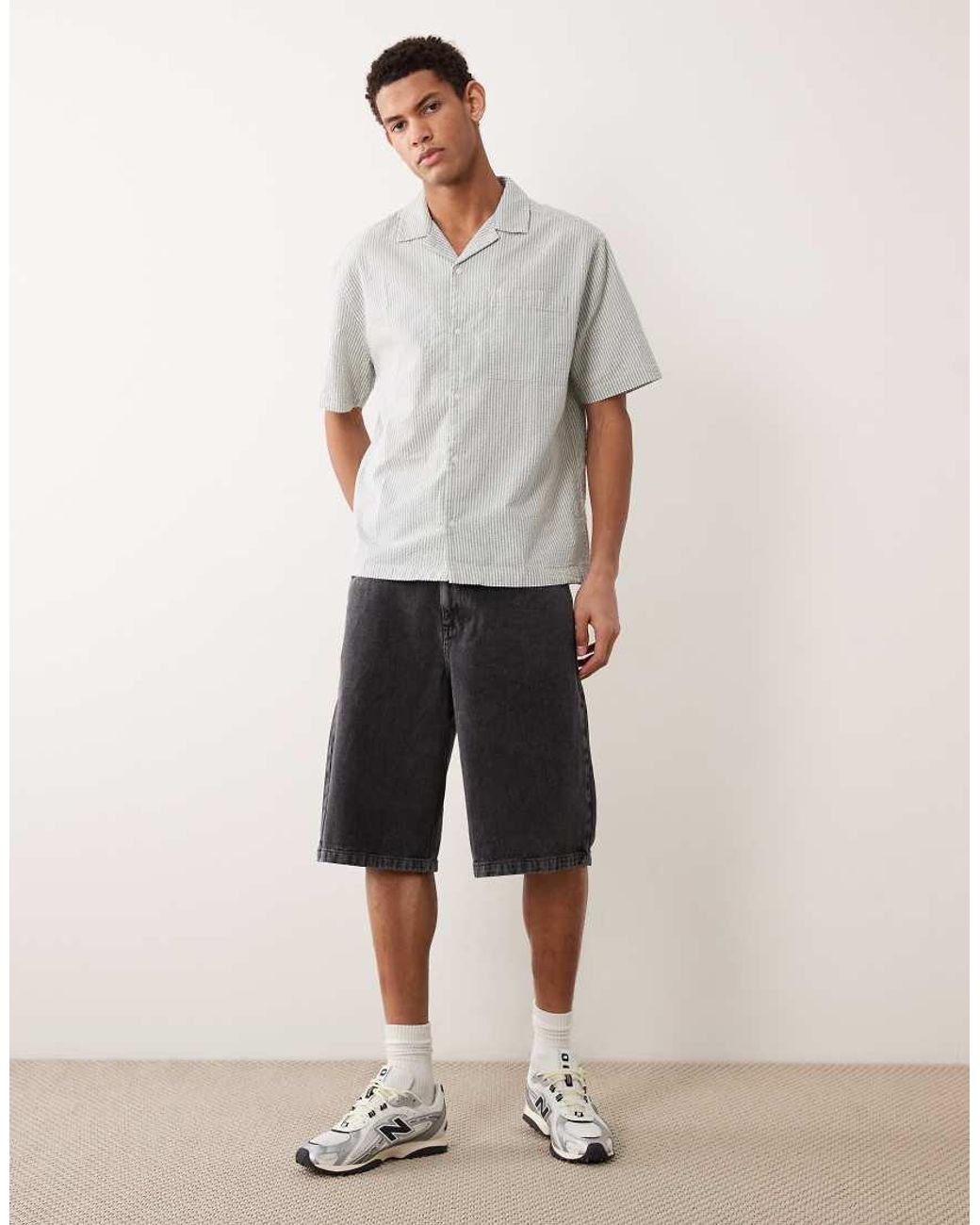 ASOS Gray Relaxed Revere Seersucker Stripe Shirt for men