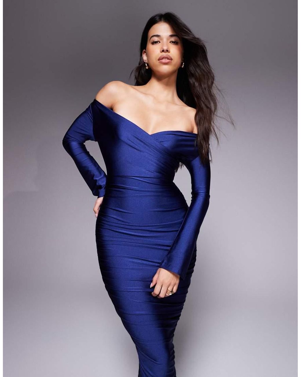 Ruched & Ready Blue You Wish Sculpted High Shine Off Shoulder Sweetheart Neck Maxi Dress