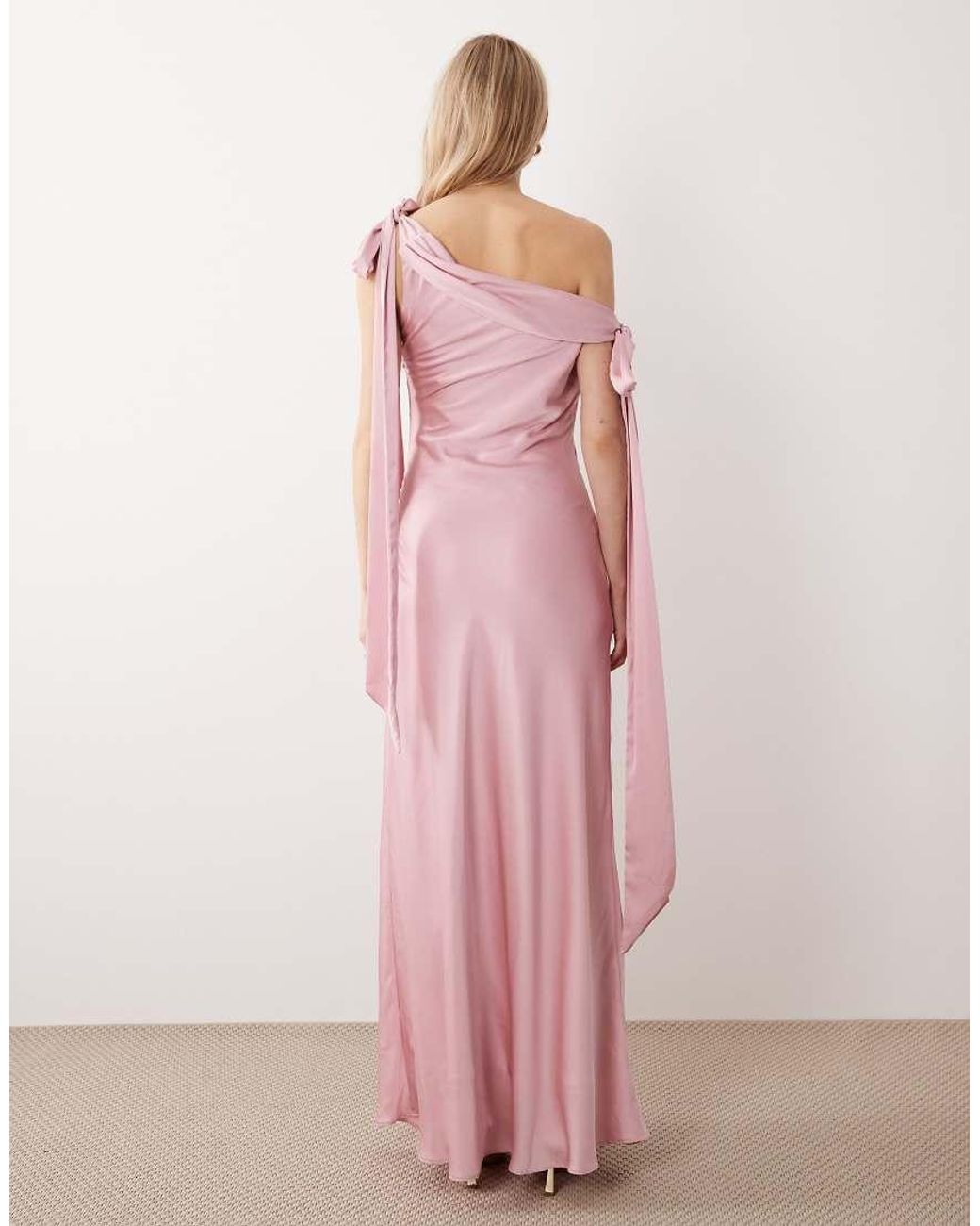 TFNC London Pink Bridesmaids Fallen Shoulder Satin Maxi Dress