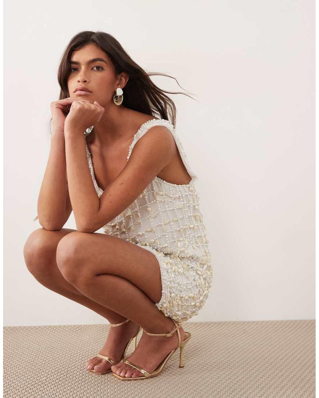 ARRANGE Brown Faux Pearl Embellished Mini Dress