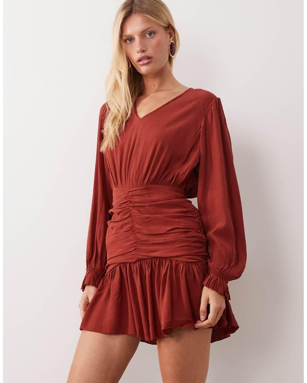 Mango Red Teen Ruched Long Sleeve Mini Dress