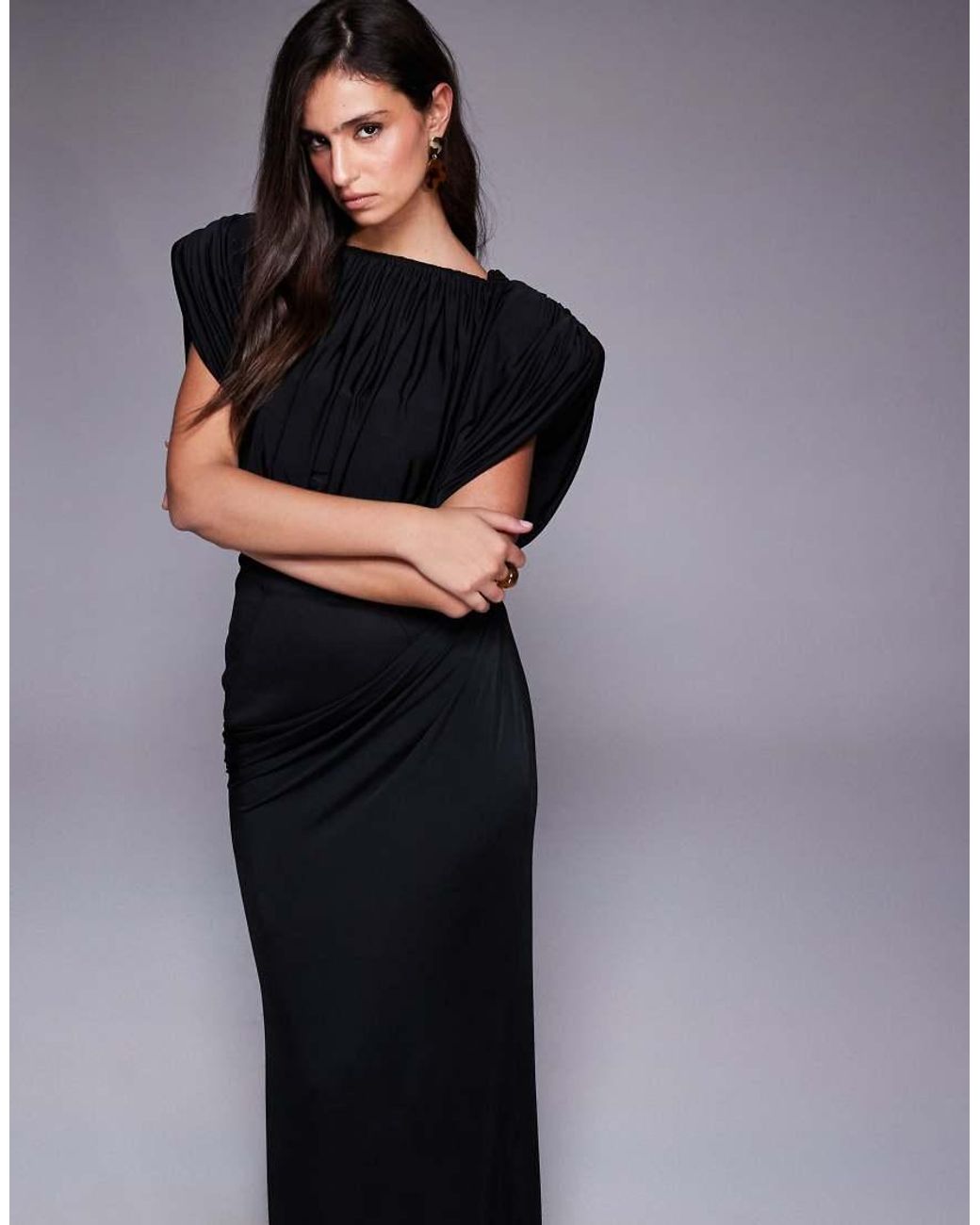 ASOS Black Structured Shoulder Maxi Dress With Exposed Corset