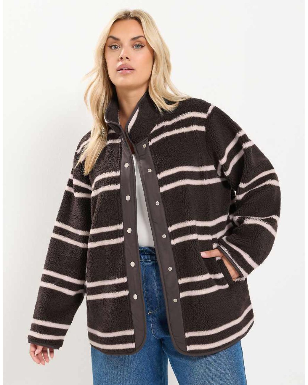 Yours Clothing Gray Stripe Placket Teddy Borg Fleece