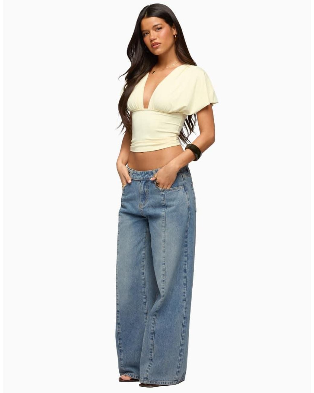 Edikted Blue Flutter Plunging V Neck Top