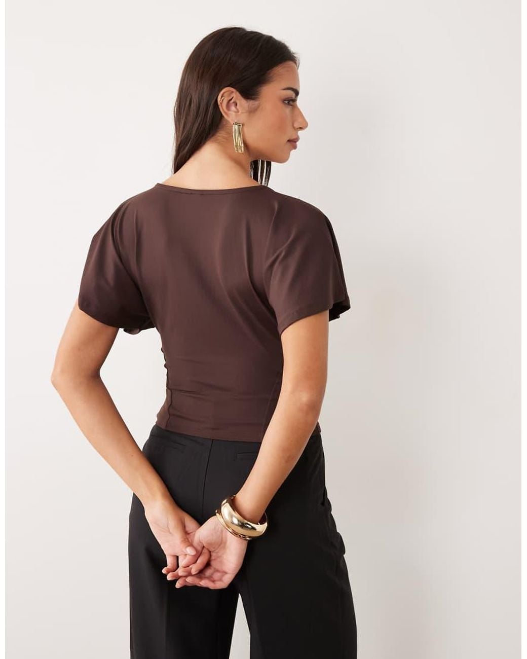 ASOS Brown Polyamide Cinched Flutter Sleeve Wrap Top