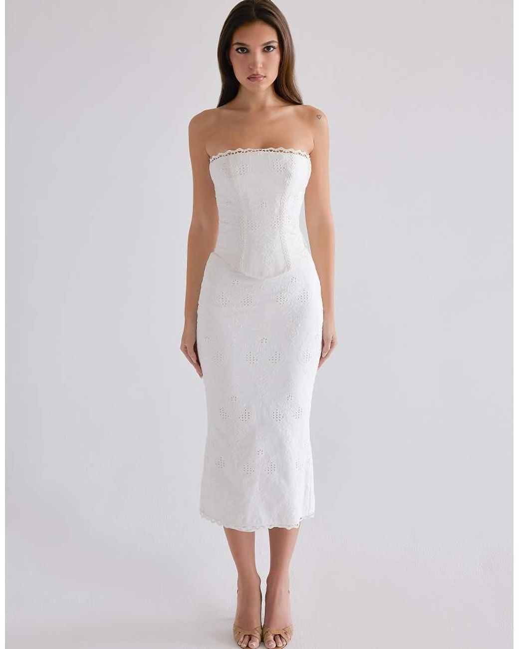 House Of Cb White Antonie Cotton Broderie Anglaise Midi Skirt