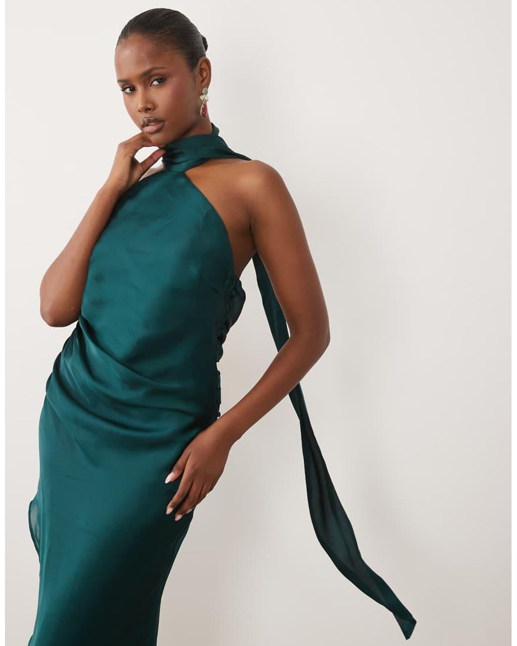 ASOS Green Scarf Detail Asymmetric Satin Midaxi Dress