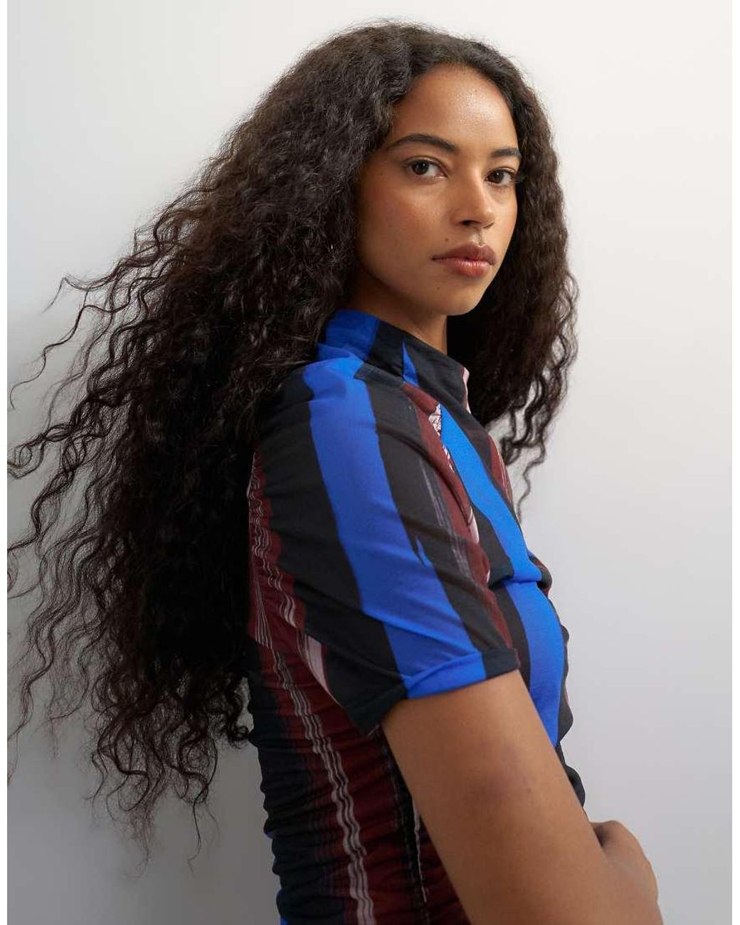 TOPSHOP Blue Mesh Stripe Ruched Sleeve Top