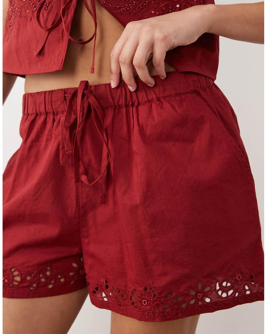 Miss Selfridge Red Cutwork Mini Shorts Co-Ord