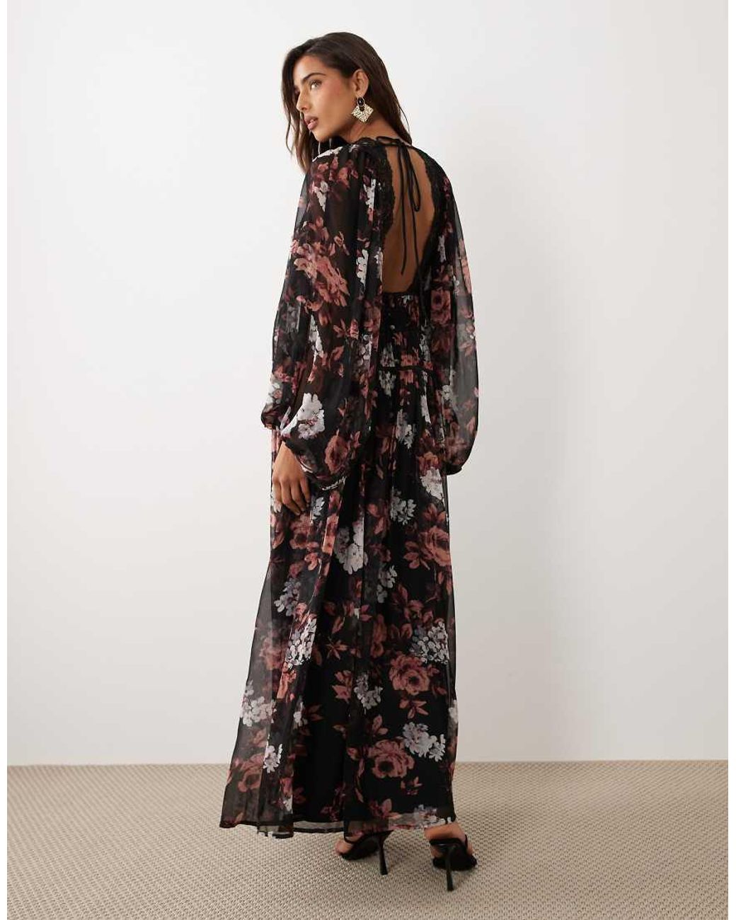 ASOS Brown Lace Trim Long Sleeved Corset Detail Maxi Dress