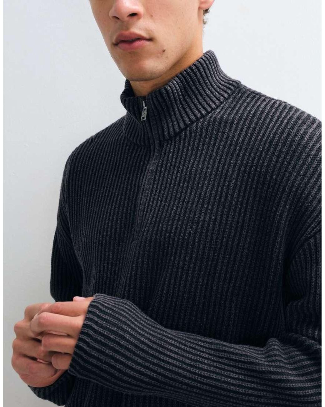 Hollister Blue Knitted 1/4 Zip Ribbed Jumper for men