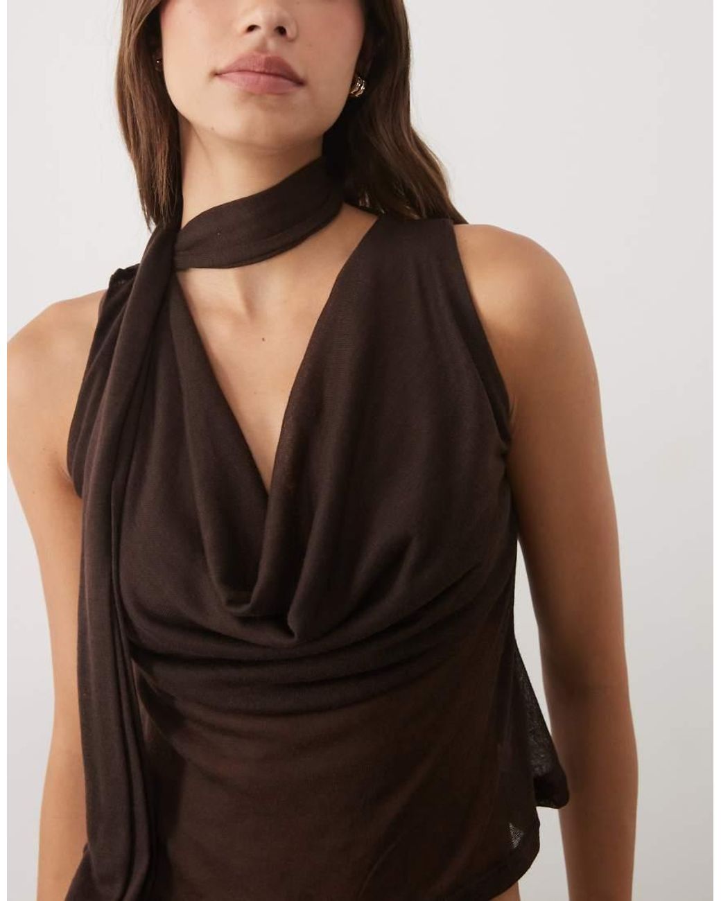 ASOS Brown Semi Sheer Knit Look Cowl Scarf Neck Tank Top