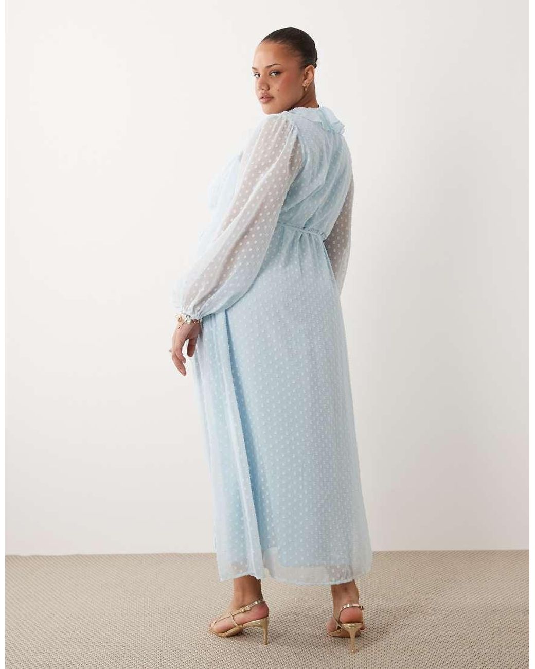 Vila Curve Blue Long Sleeved Dobby Chiffon Maxi Dress