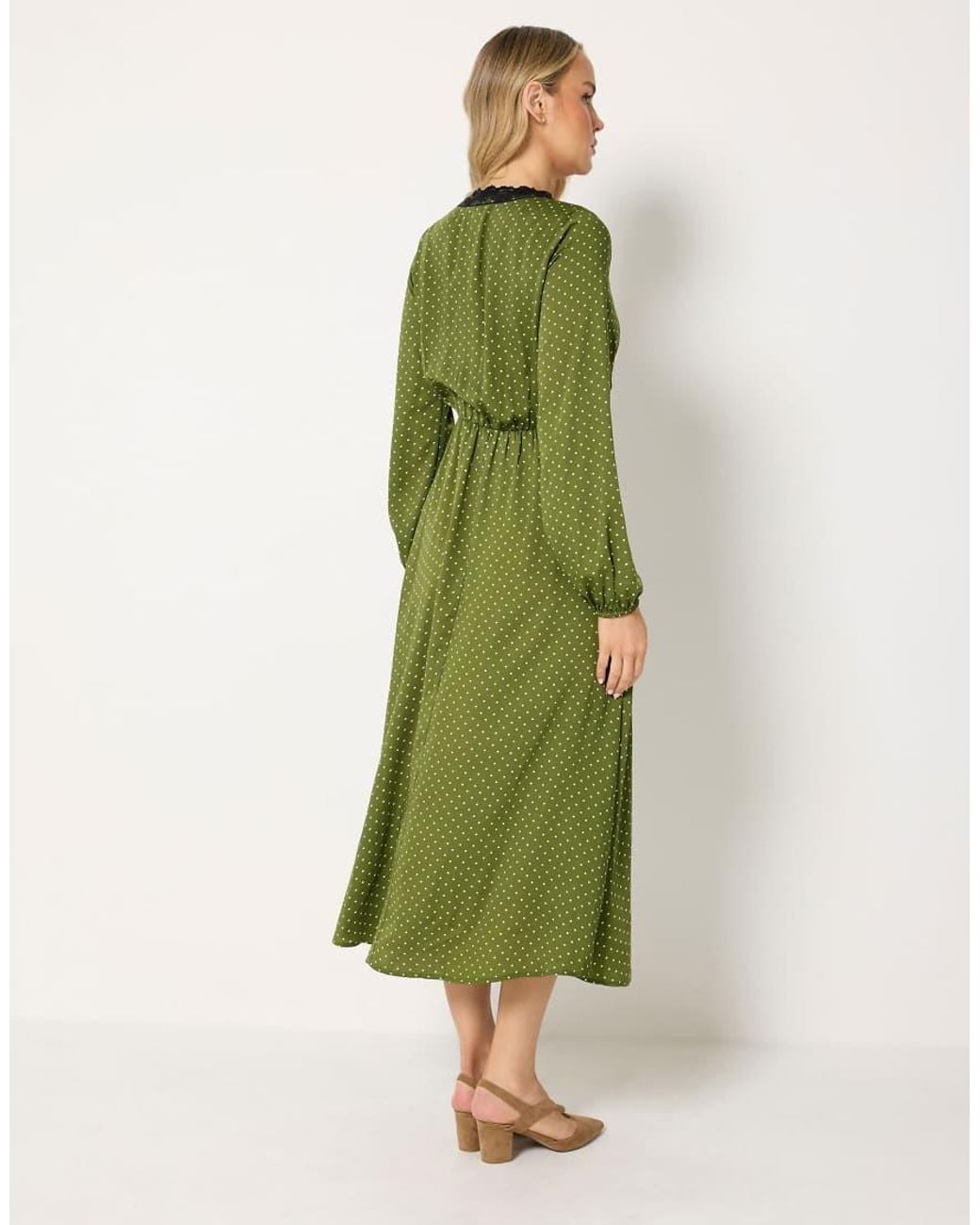 Long Tall Sally Green Polka Dot Lace Detail Satin Midi Dress