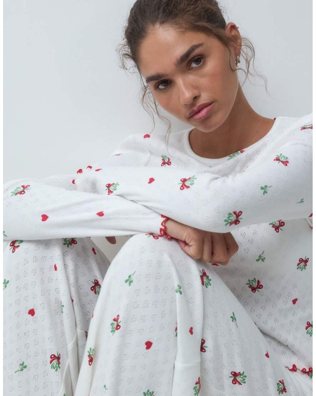 ASOS Gray Mistletoe Print Pointelle Long Sleeve Top & Wide Leg Trouser Pyjama Set