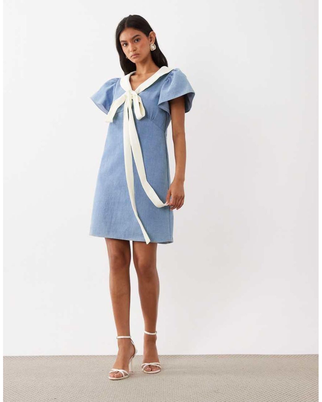 Sister Jane Blue Kasos Cotton Denim Bow Detail Short Sleeve Mini Dress
