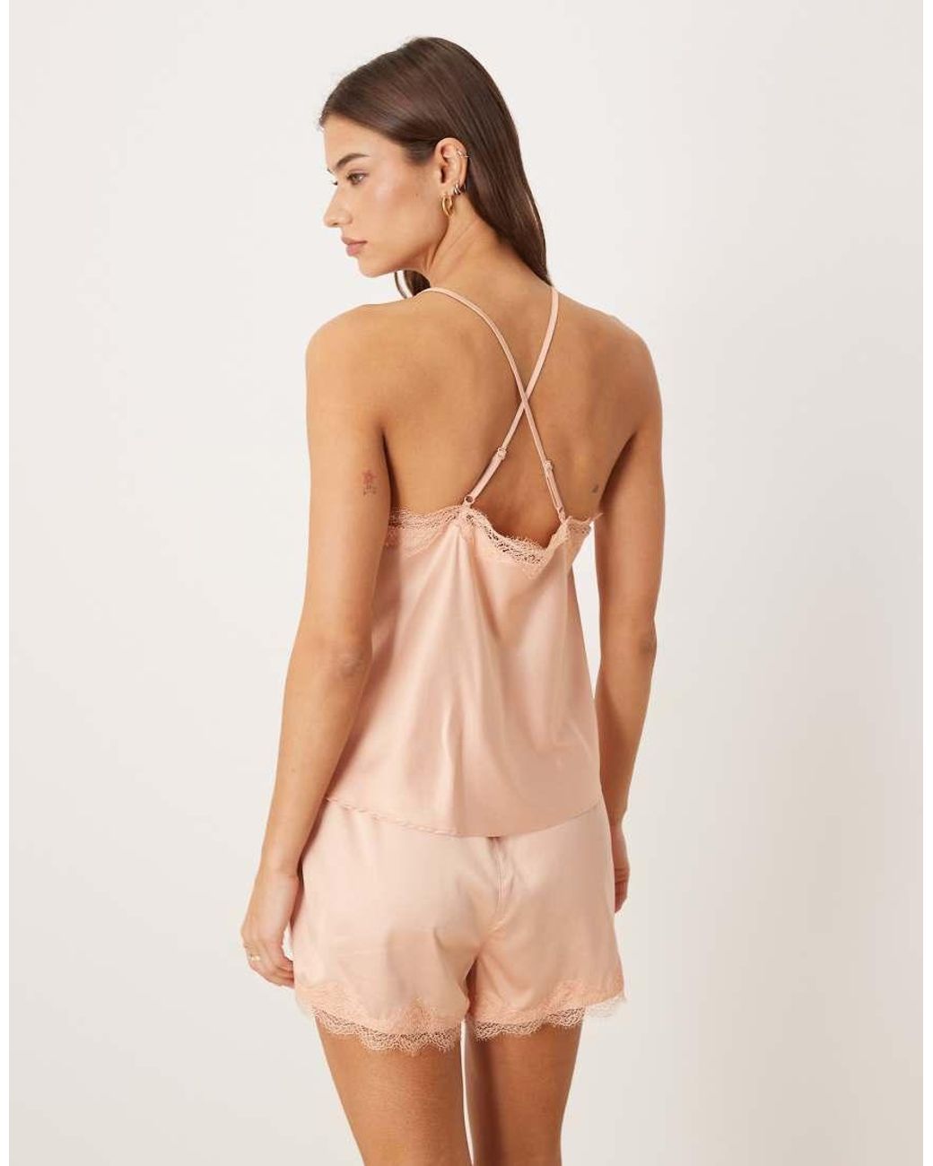 Chelsea Peers Natural Bridesmaids Satin Cross Back Cami Top And Tulip Hem Shorts Sleepwear Set