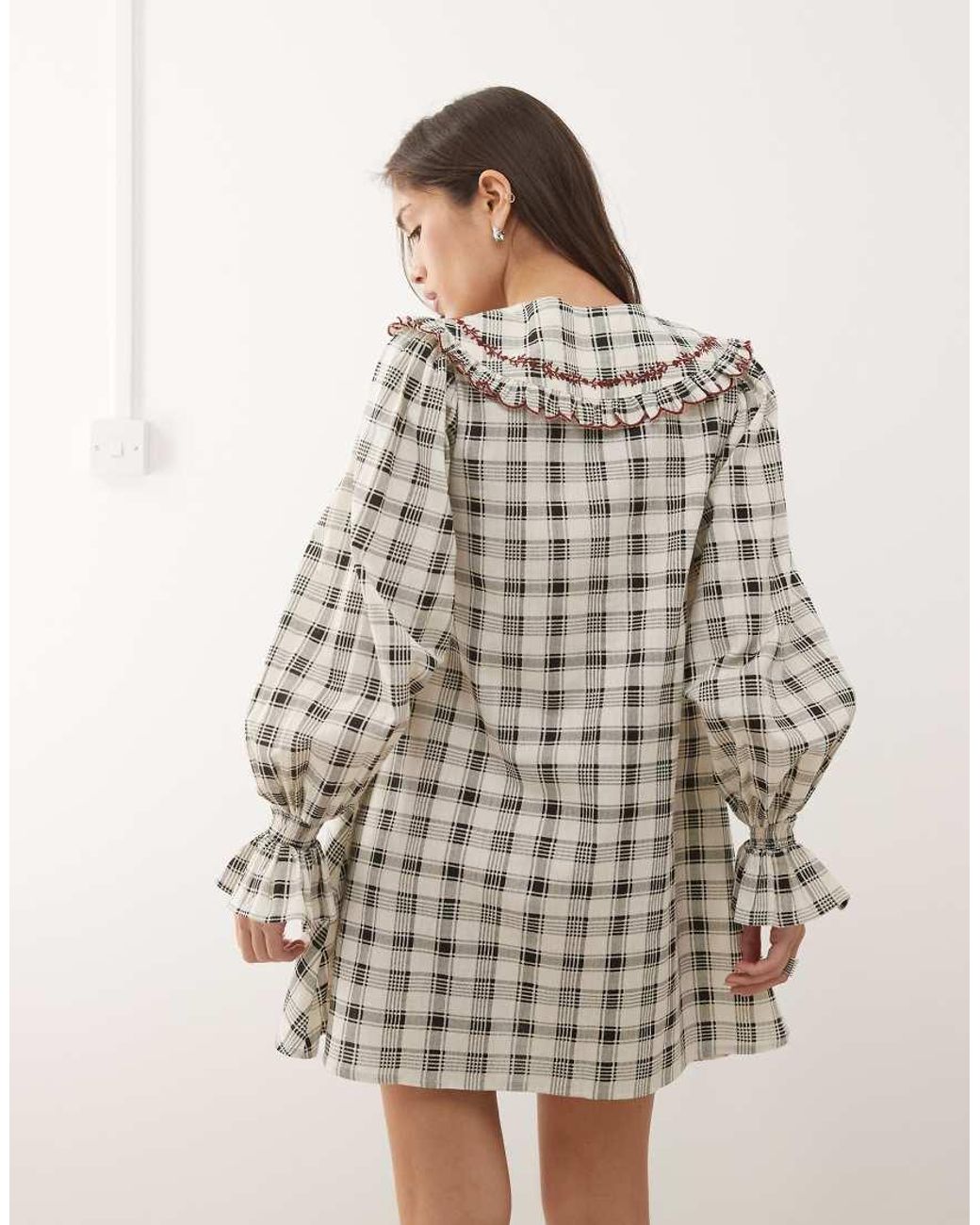 Reclaimed (vintage) Natural Mini Shirt Dress With Oversized Collar And Embroidery