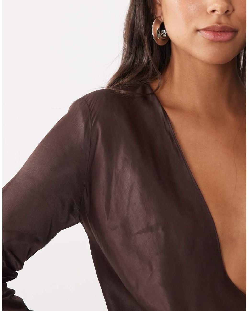 ASOS Brown Satin Drape Front Long Sleeve Maxi Dress