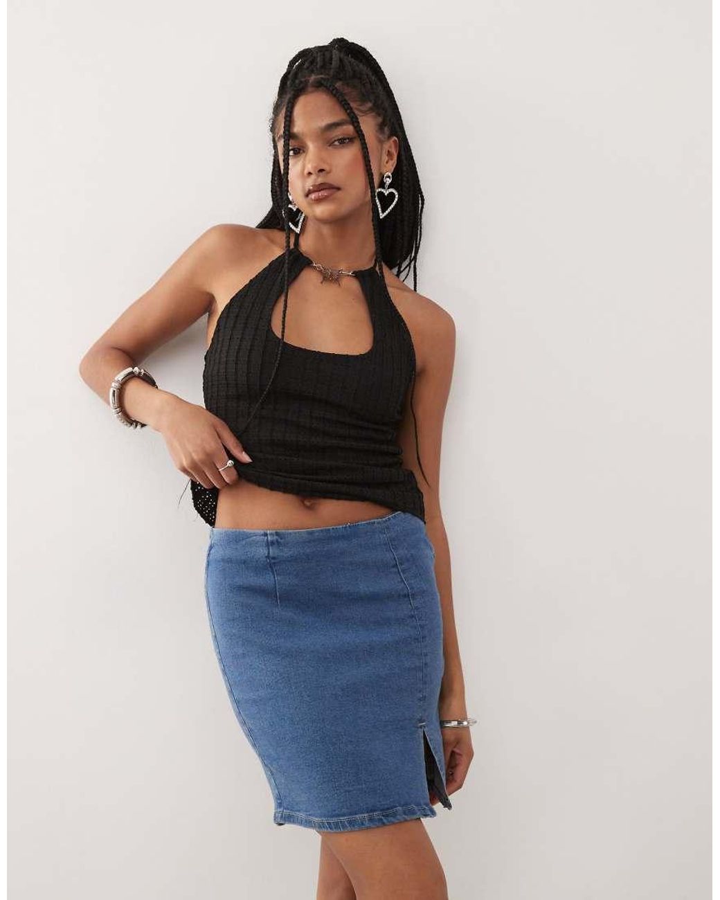 Noisy May Blue Denim Mini Skirt With Slit