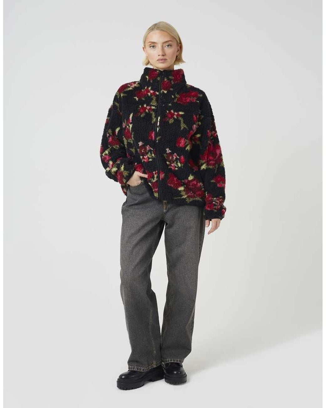 Brave Soul Black Sherpa Fleece Floral Print Zip Sweatshirt