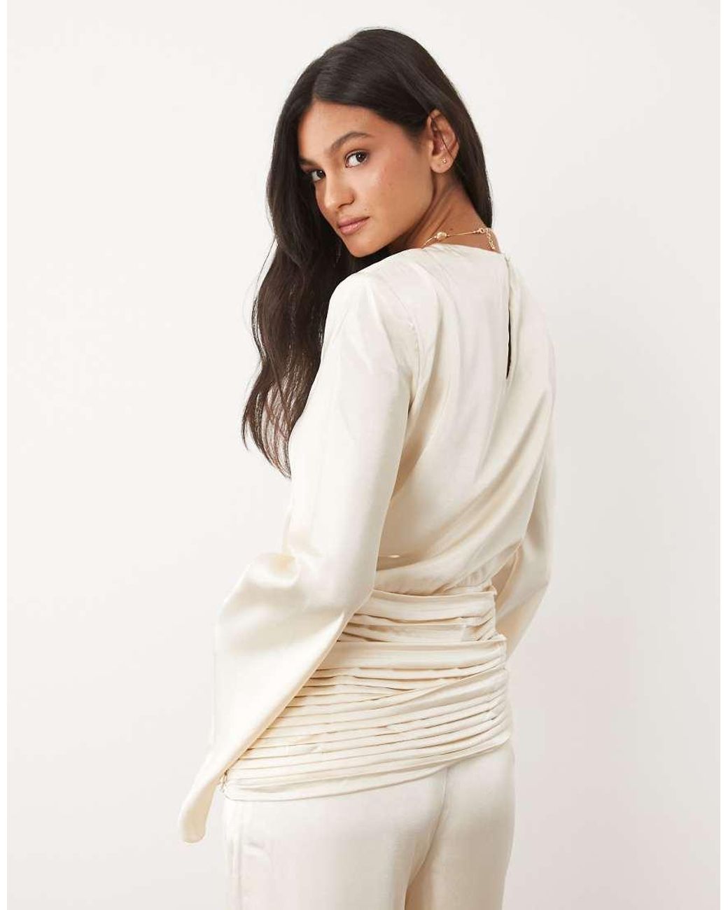 JW PEI Natural Satin Draped Waist Bell Sleeve Top