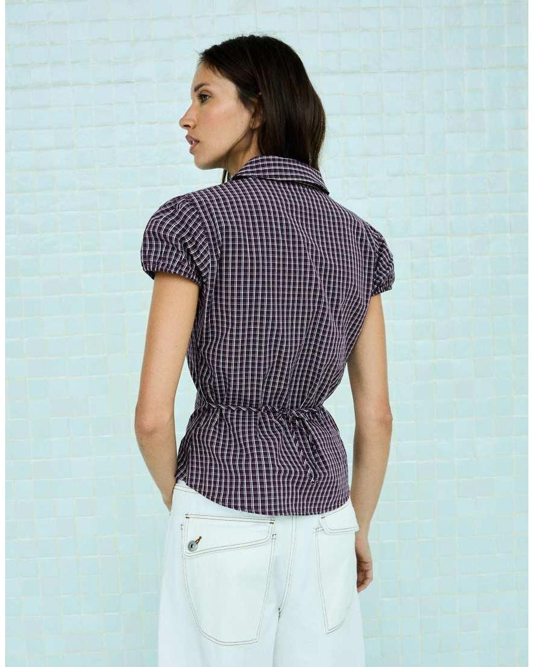 Bershka Purple Short Sleeve Poplin Shirt With Bow