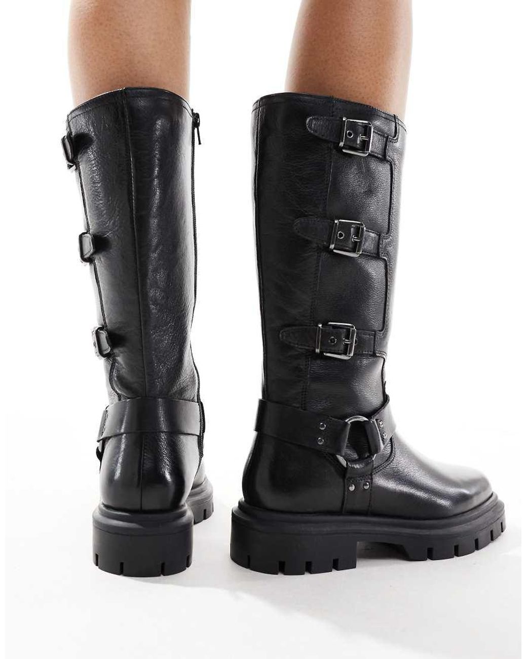 OFF THE HOOK Black 'Mauley' Lotus High-Ankle Anti Slip Heel Leather Mid Calf Boots
