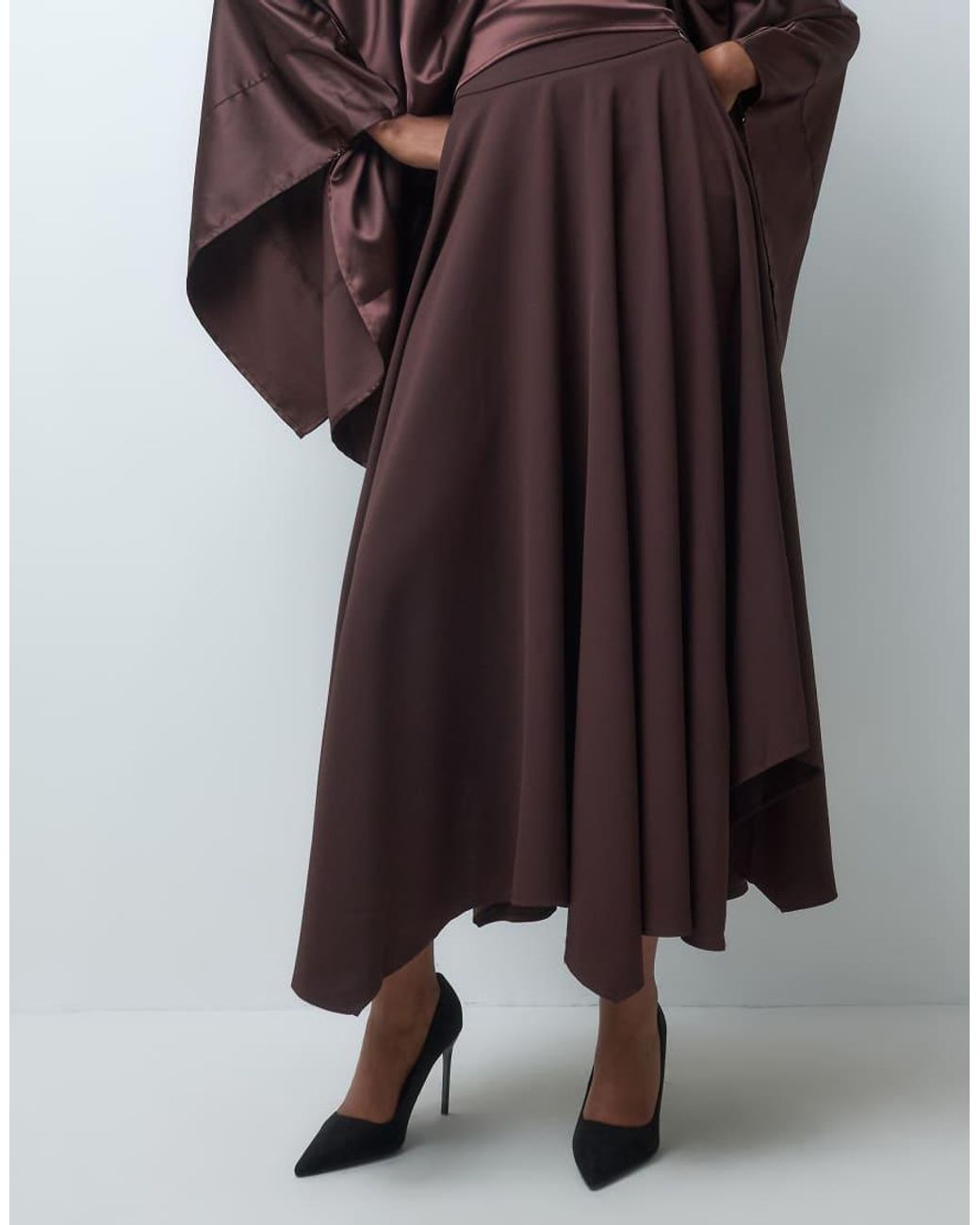 Iyal Brown Crepe Asymmetric Hem Maxi Skirt Co-ord