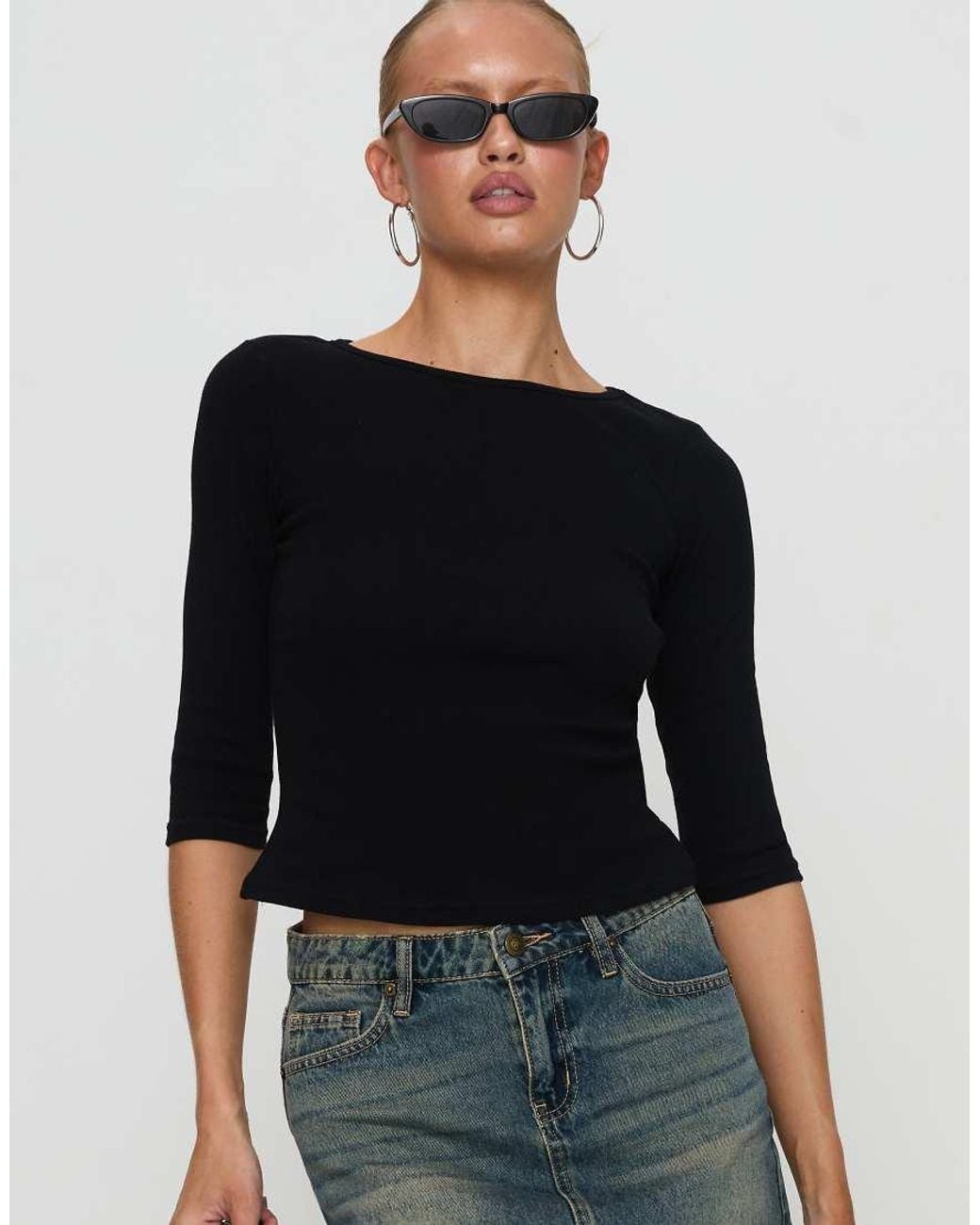 Princess Polly Black Elaia Cotton Rich Ribbed 3/4 Sleeve Top
