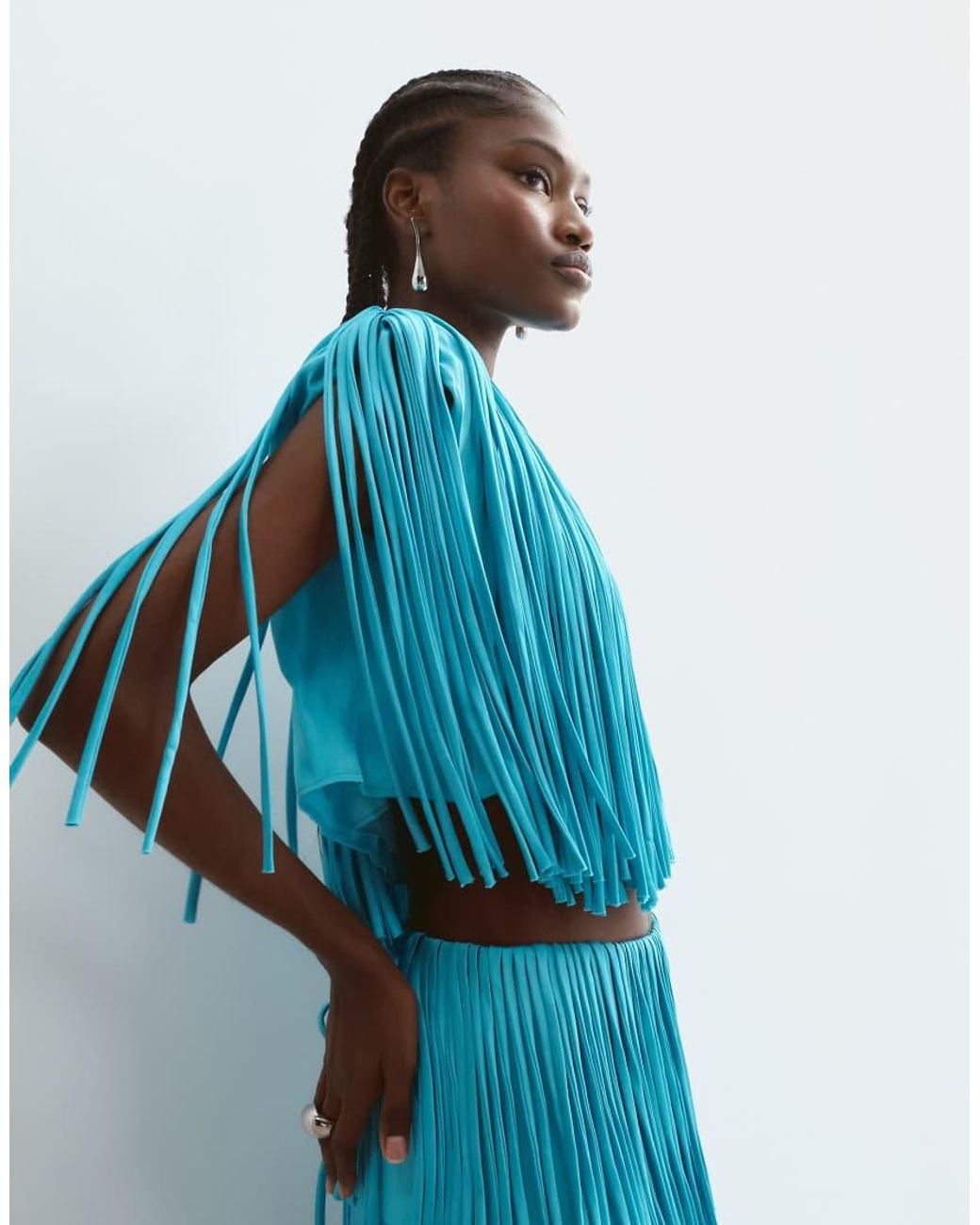 ARRANGE Blue Tiered Fringe Square Cut Top Co Ord