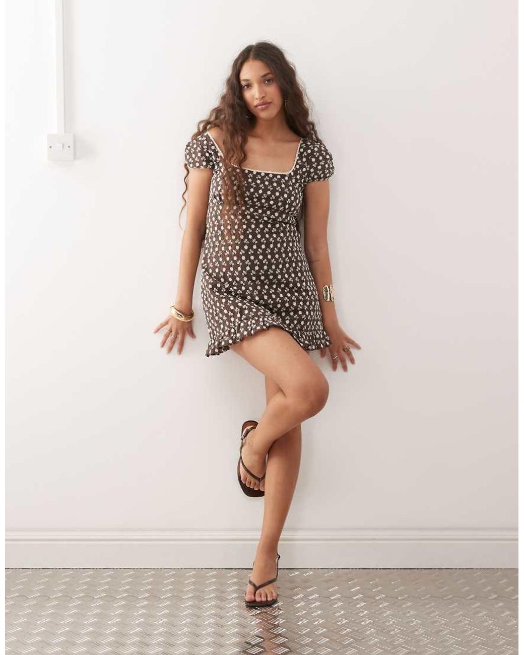 Motel Brown Bella Broderie Scoop Neck Mini Dress