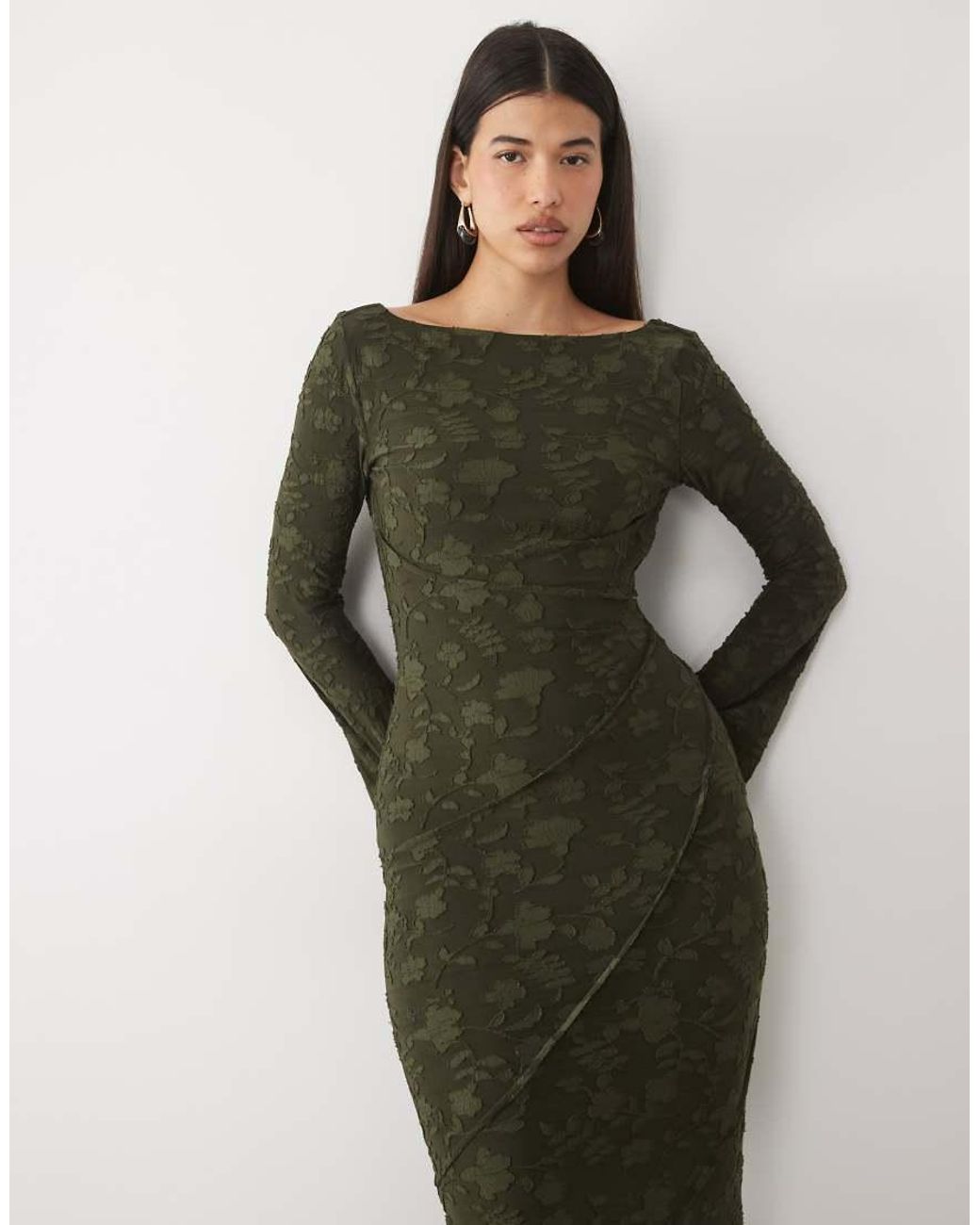 ASOS Green Devore Long Sleeve Open Back Maxi Dress