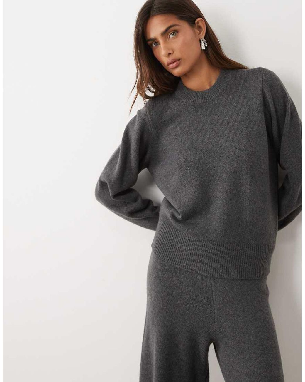 ASOS Gray Waisted Crew Neck Jumper With Wool