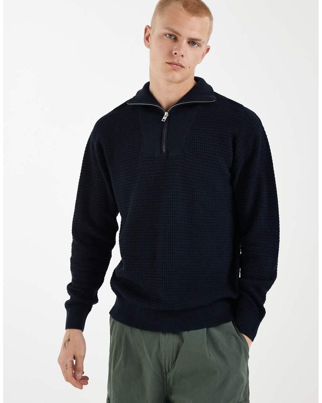 Redefined Rebel Blue Knitted Quarter Zip Sweatshirt for men