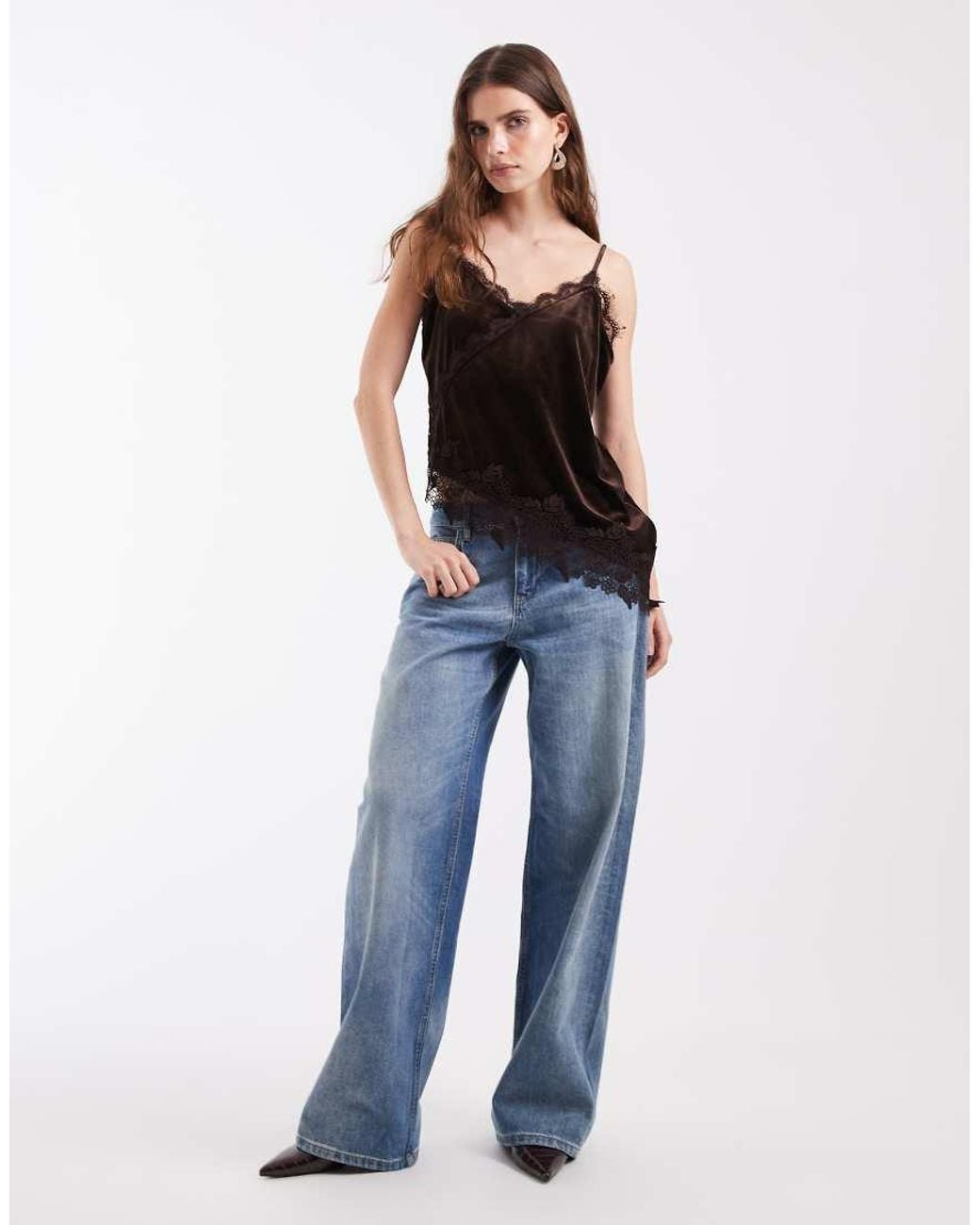 Vero Moda Black Asymm Velvet Cami Top With Lace Detail